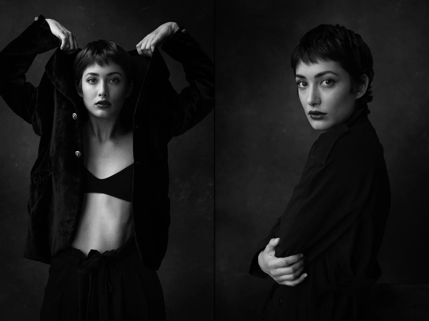 Dittico di ritratti in bianco e nero di una donna in studio.